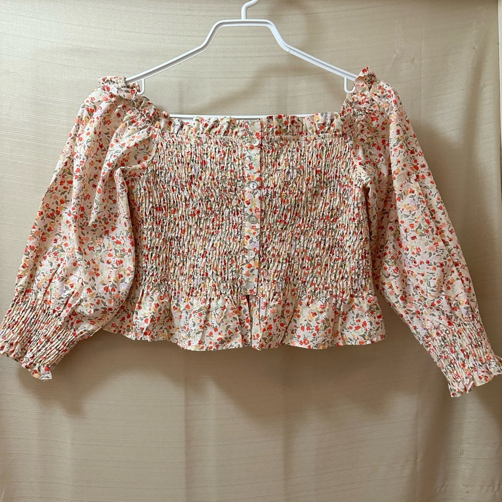 Zara Floral Smocked Cottagecore Puff Sleeve Peplum Crop Top Blouse Size L